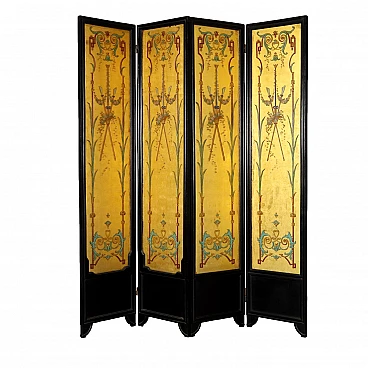 Folding screen in ebonized wood and glass with gold leaf