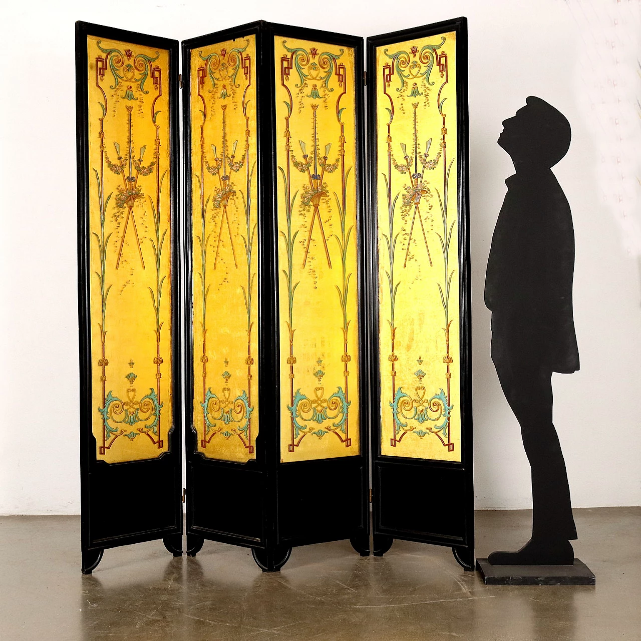 Folding screen in ebonized wood and glass with gold leaf 2