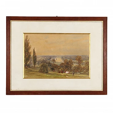H.C. Warren, River landscape with lumberjacks, watercolor, 1878
