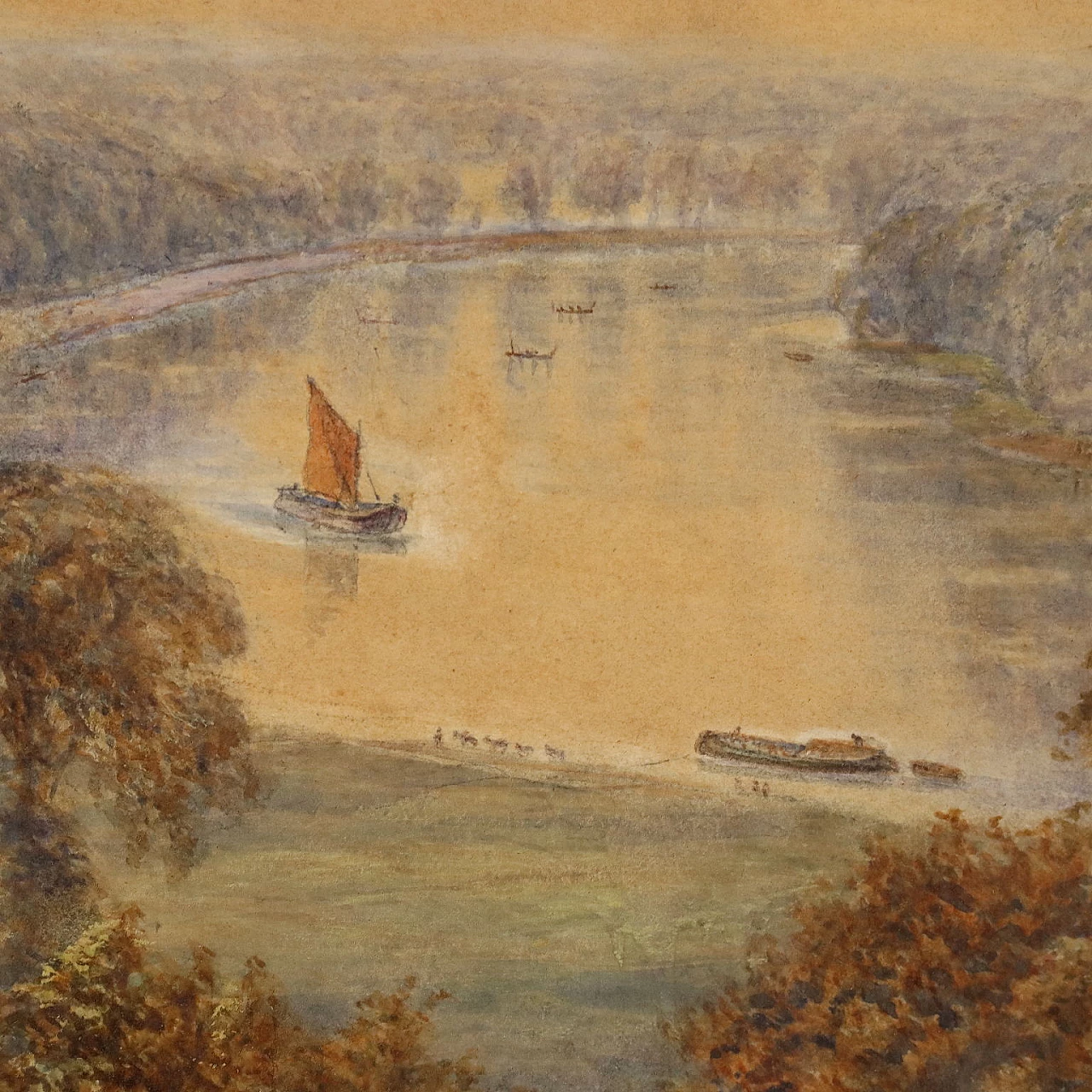 H.C. Warren, Paesaggio fluviale con boscaioli, acquerello, 1878 5