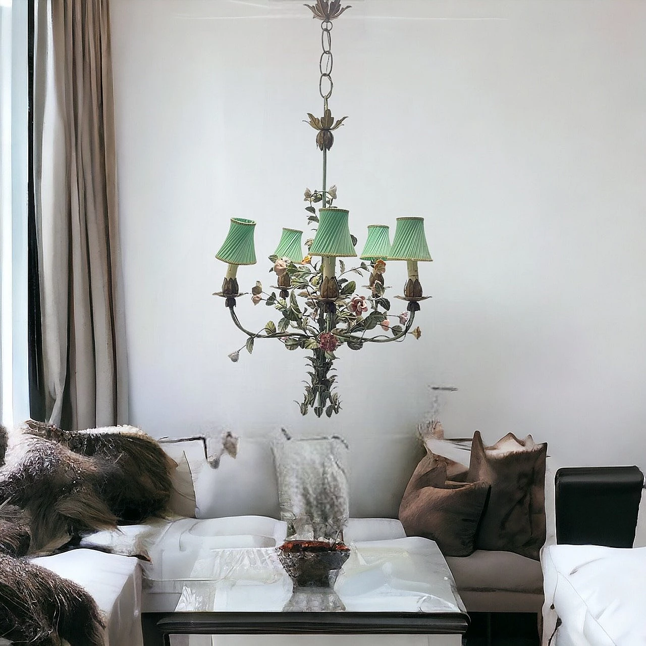 Lampadario a fiori in porcellana di Tole, anni '50 3