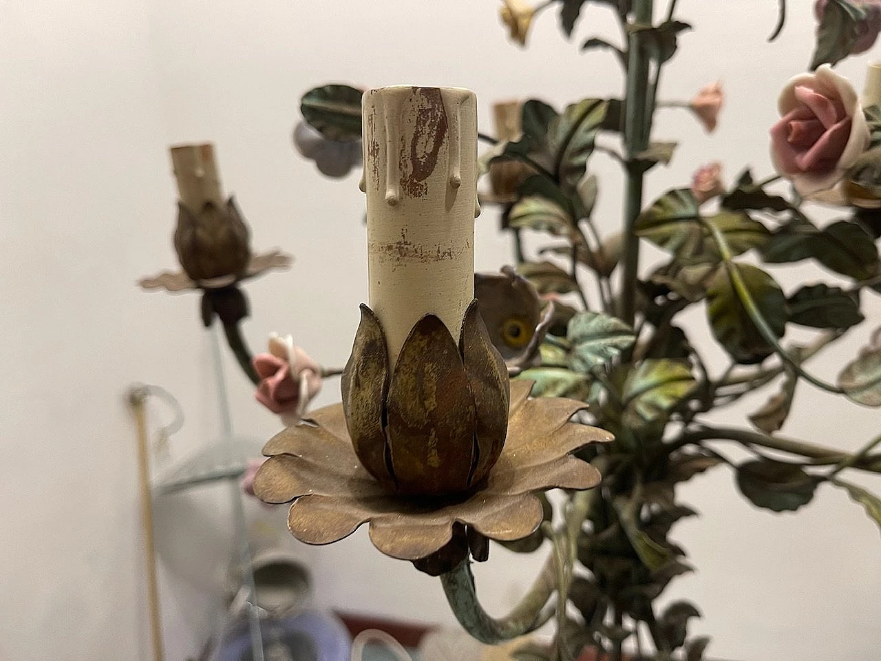 Porcelain flower chandelier by Tole, 1950s 5