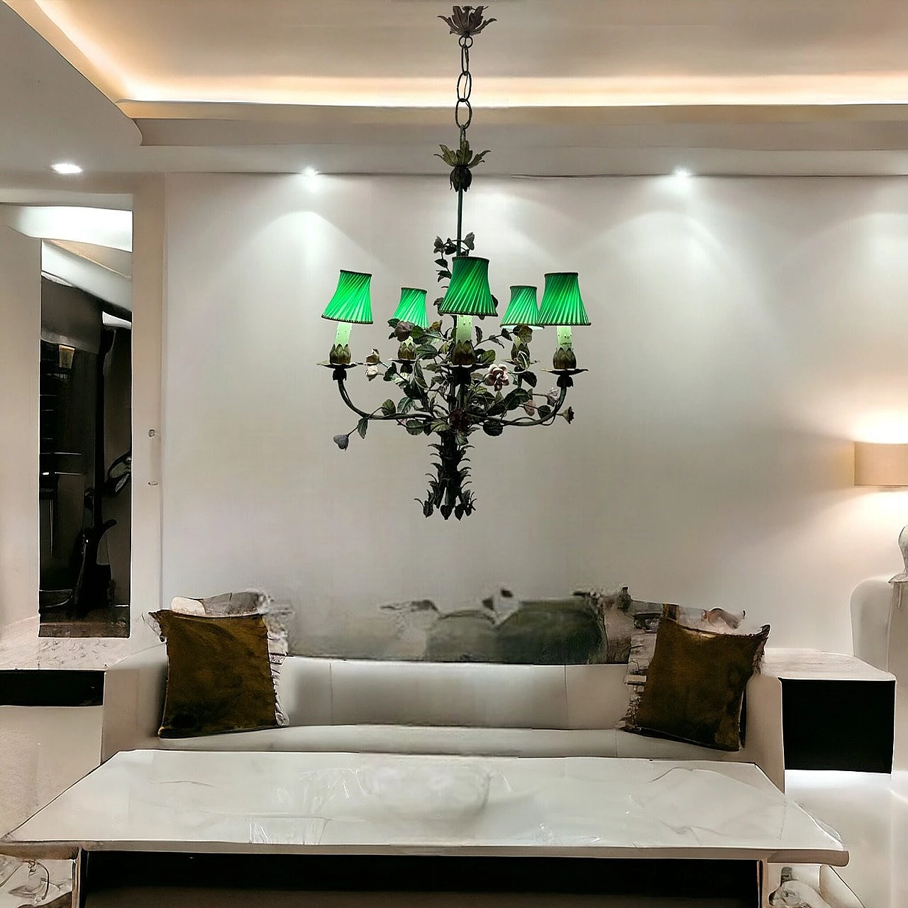 Lampadario a fiori in porcellana di Tole, anni '50 6