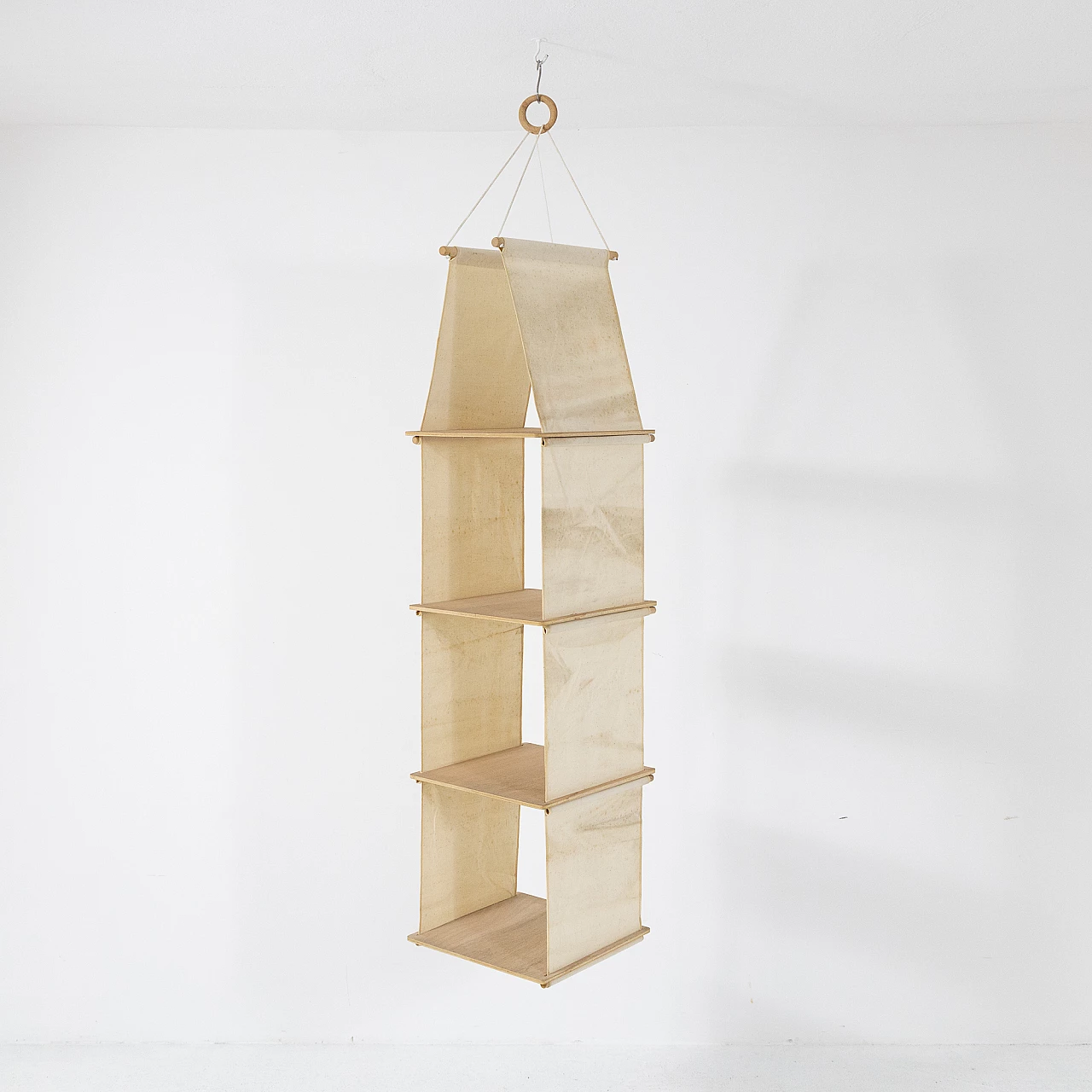 Ash and linen hanging bookcase, 1970s 1