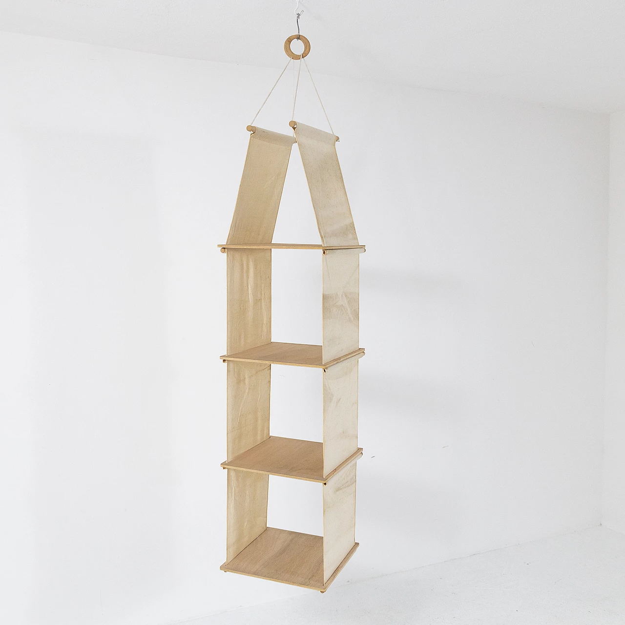 Ash and linen hanging bookcase, 1970s 2