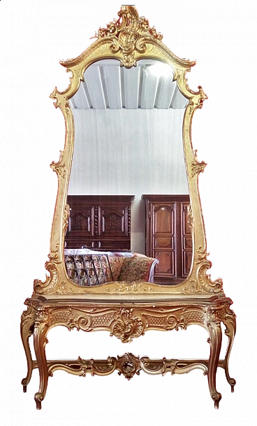 Consolle genovese con specchio in legno dorato, prima metà dell'800