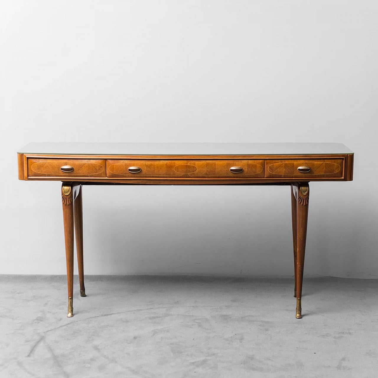 Consolle da ingresso in legno con piano in vetro e cassetti, anni '50 2