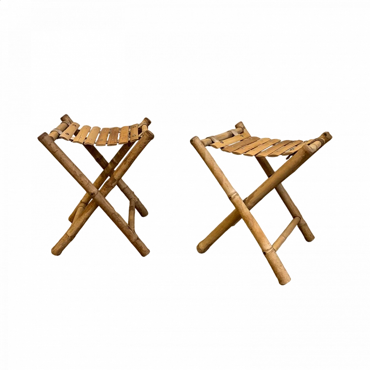 Coppia di Sgabelli pieghevoli da pescatore in bambù, anni '60 15