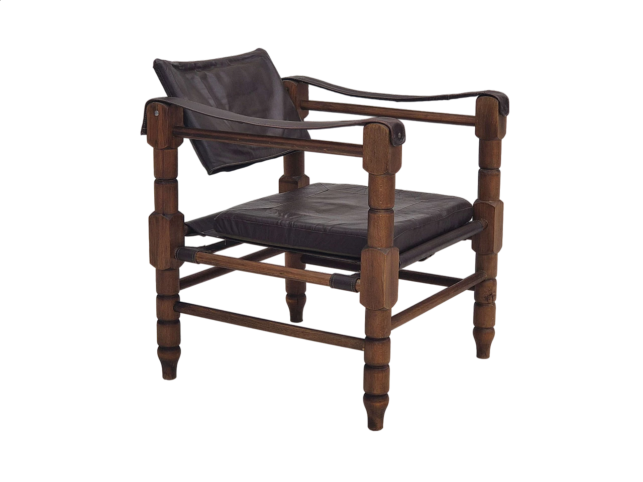 Poltrona safari in pelle marrone e faggio, anni '60 17