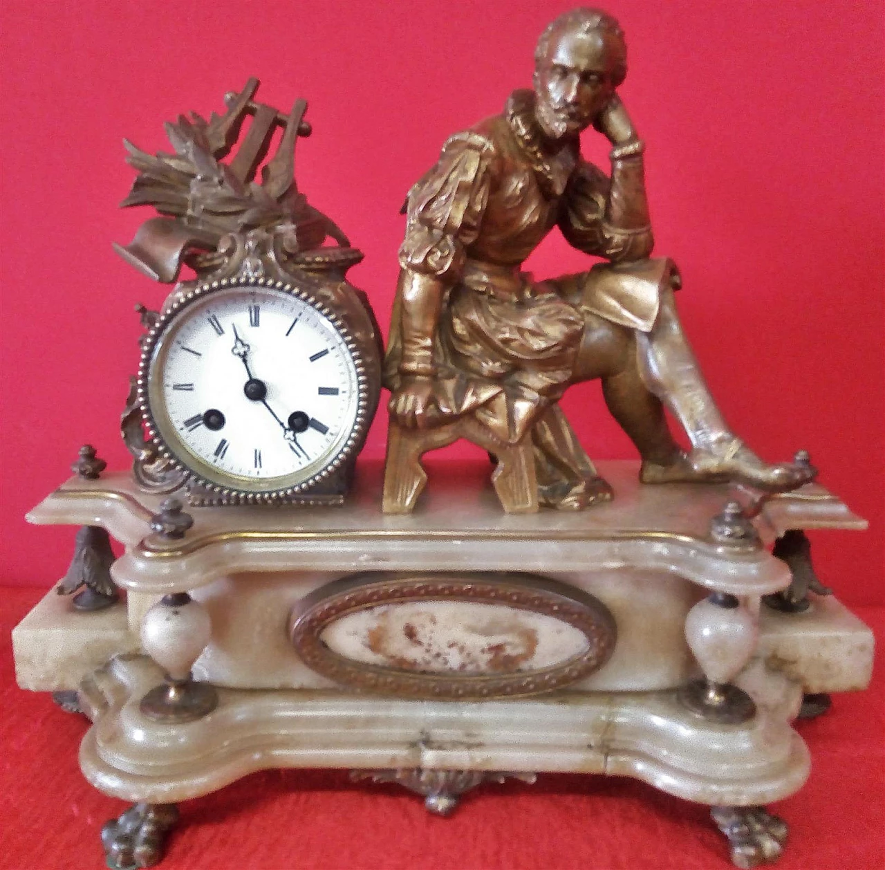 Clock with alabaster base and metal alloy sculpture, 19th century 1