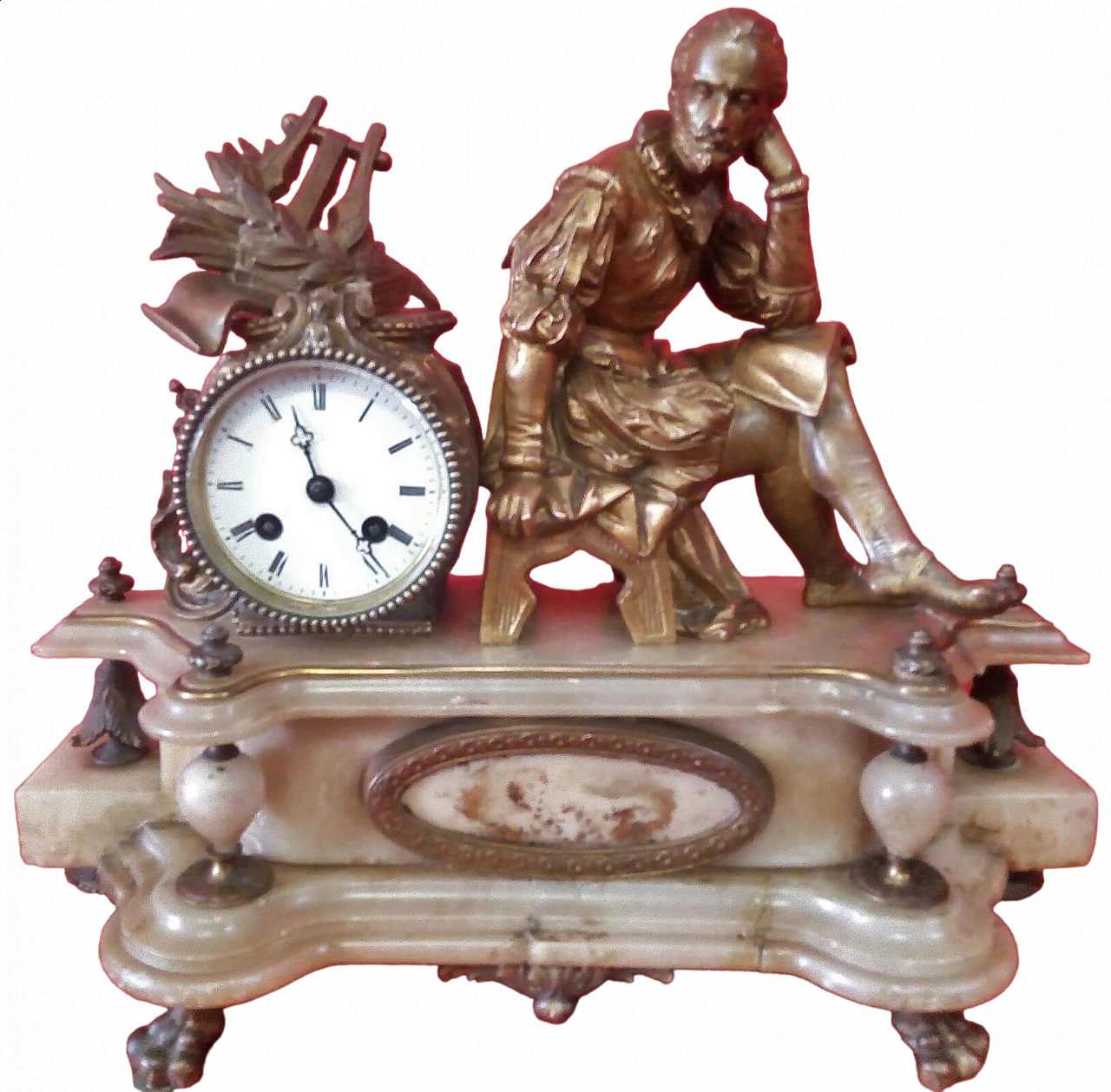 Clock with alabaster base and metal alloy sculpture, 19th century 11