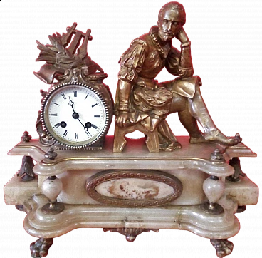 Clock with alabaster base and metal alloy sculpture, 19th century