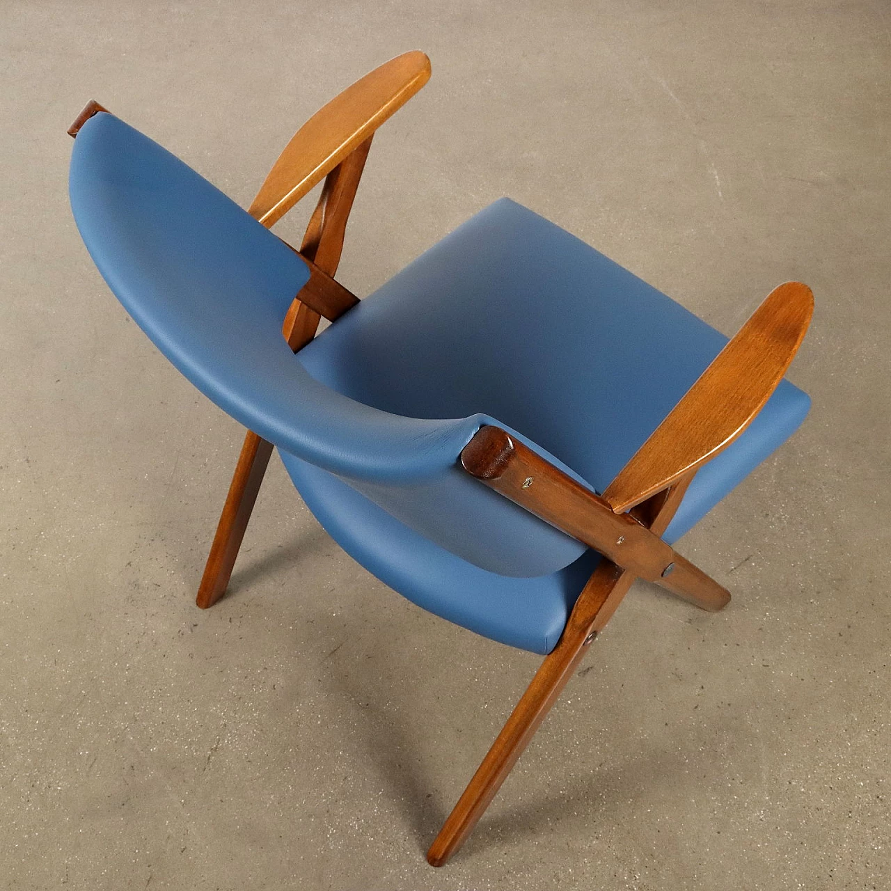 Pair of armchairs in stained beechwood and light blue skai, 1950s 3