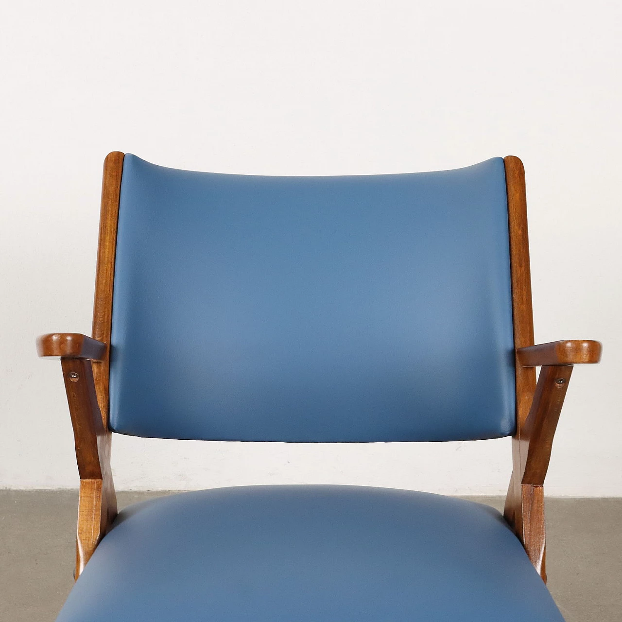Pair of armchairs in stained beechwood and light blue skai, 1950s 4