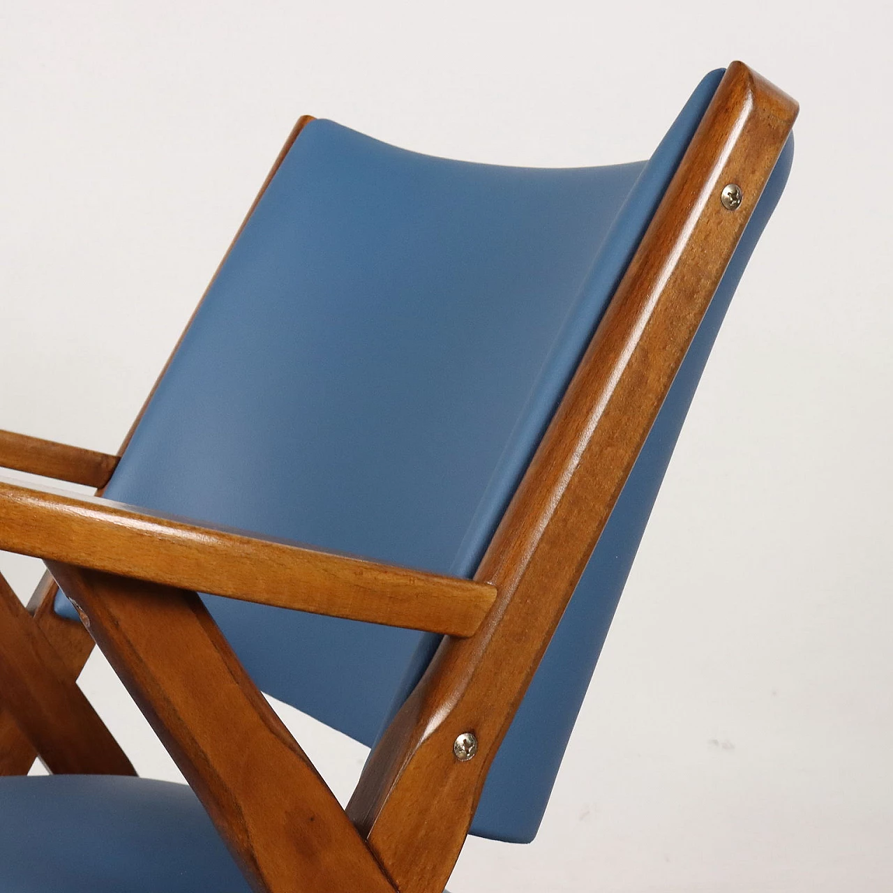 Pair of armchairs in stained beechwood and light blue skai, 1950s 5