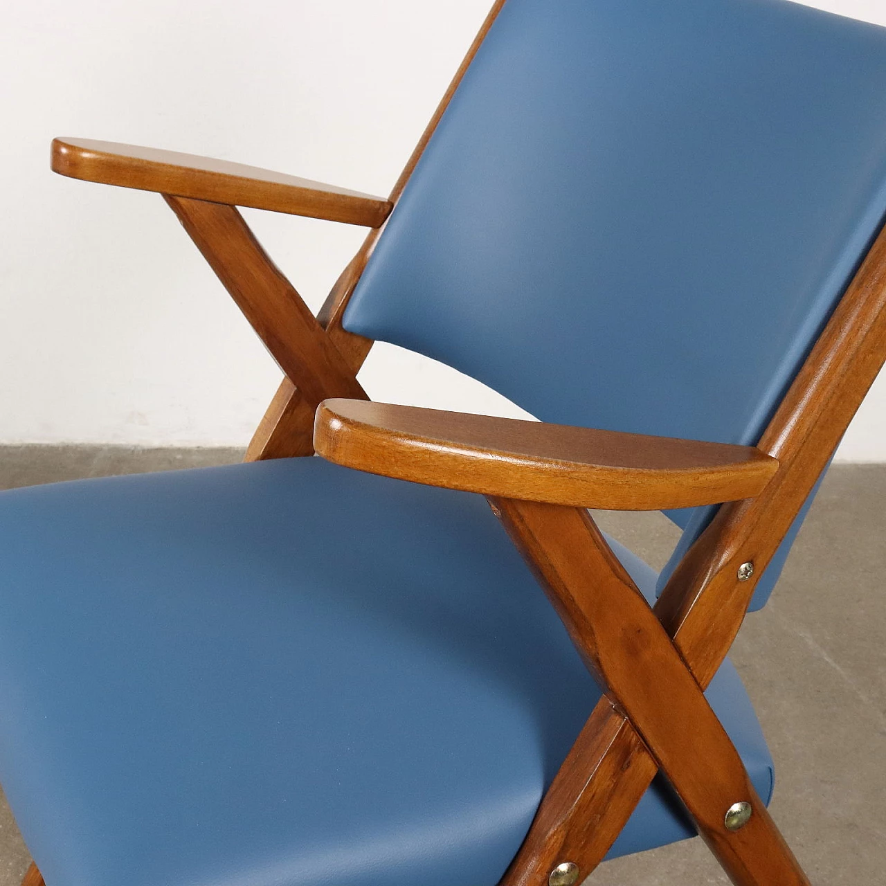 Pair of armchairs in stained beechwood and light blue skai, 1950s 6