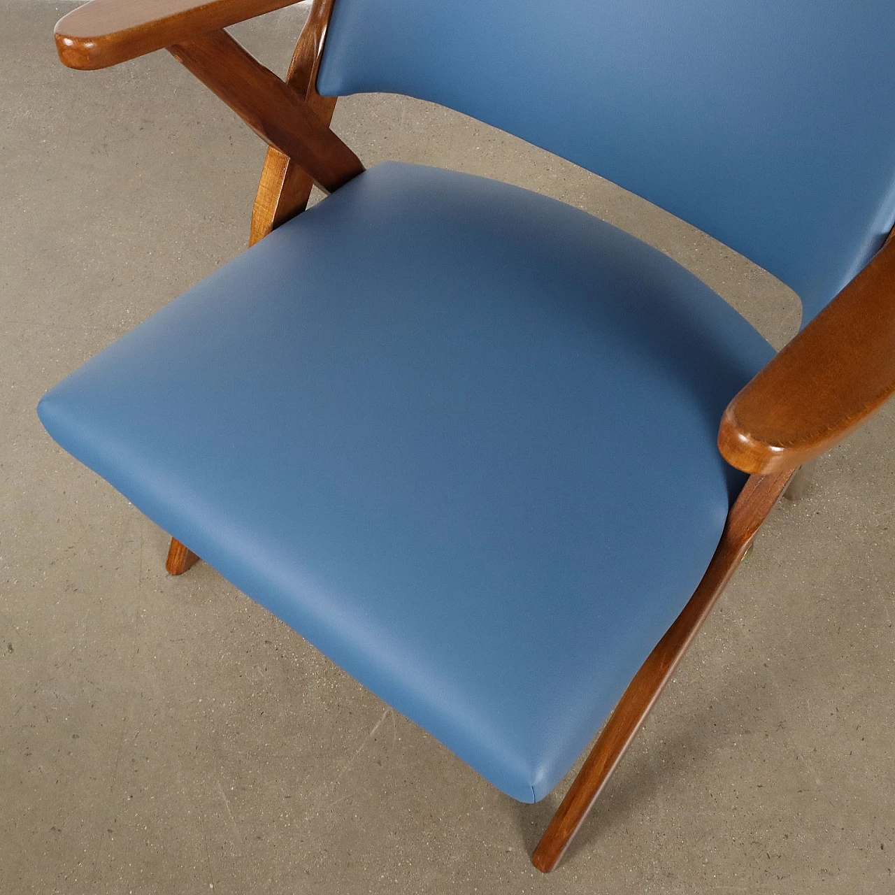 Pair of armchairs in stained beechwood and light blue skai, 1950s 8
