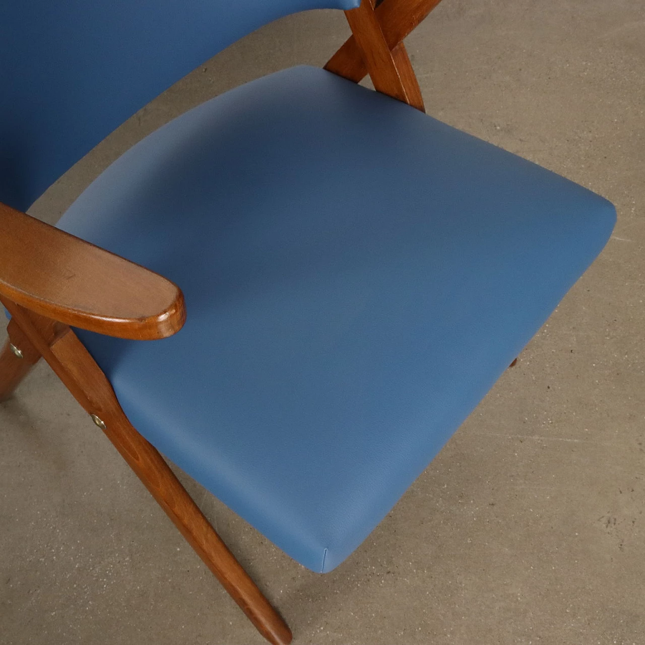 Pair of armchairs in stained beechwood and light blue skai, 1950s 9