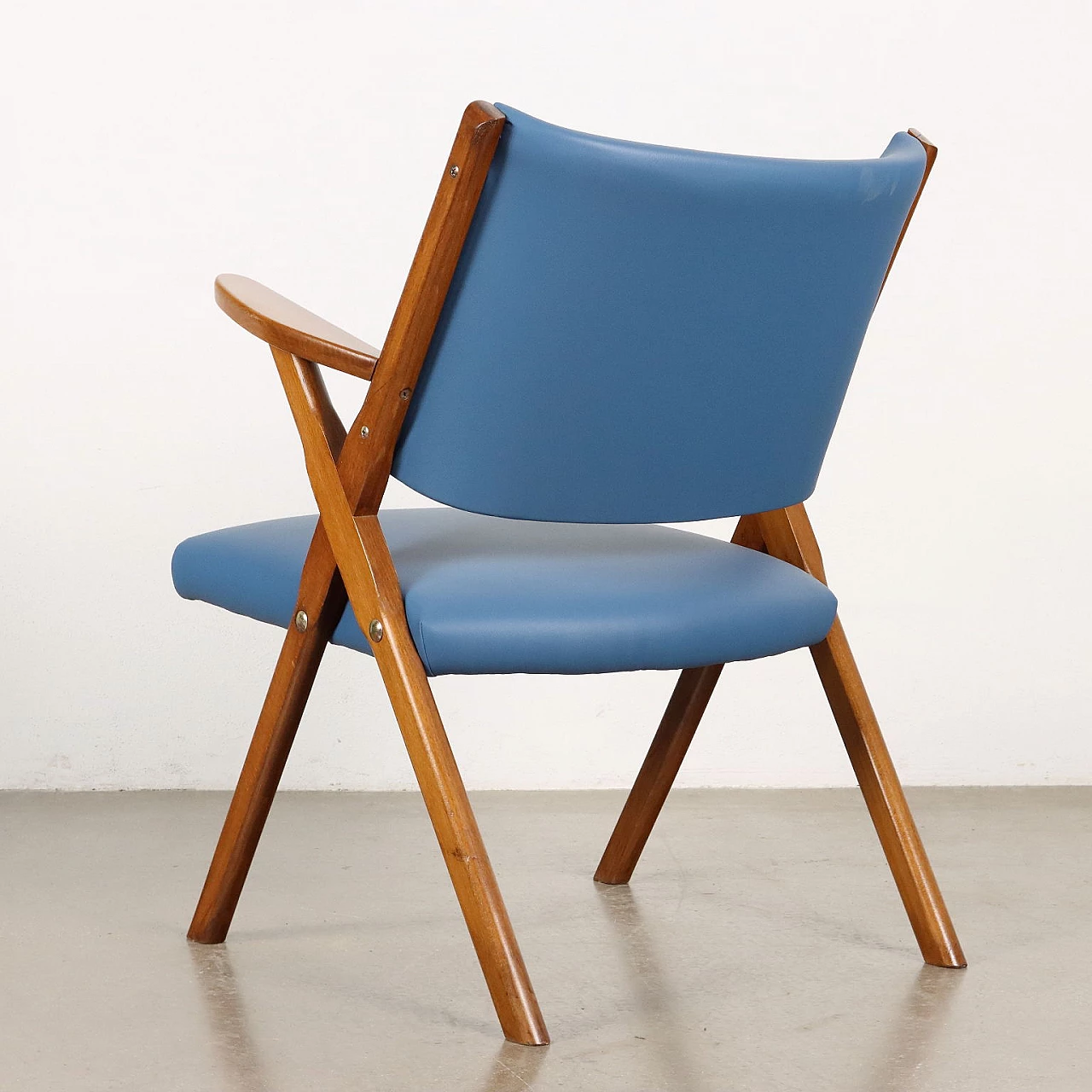 Pair of armchairs in stained beechwood and light blue skai, 1950s 10