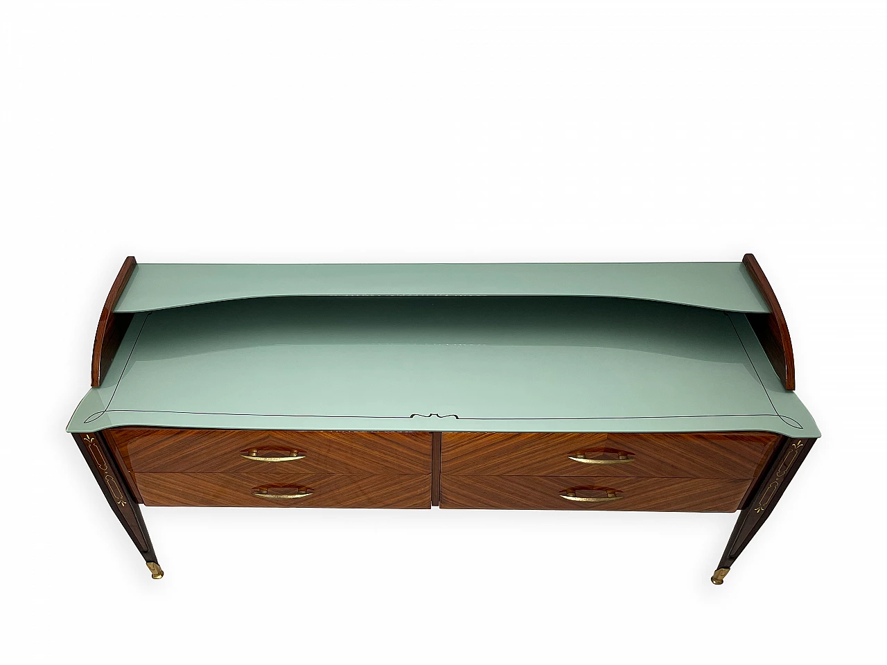 Wooden chest of drawers with green glass top, 1960s 4