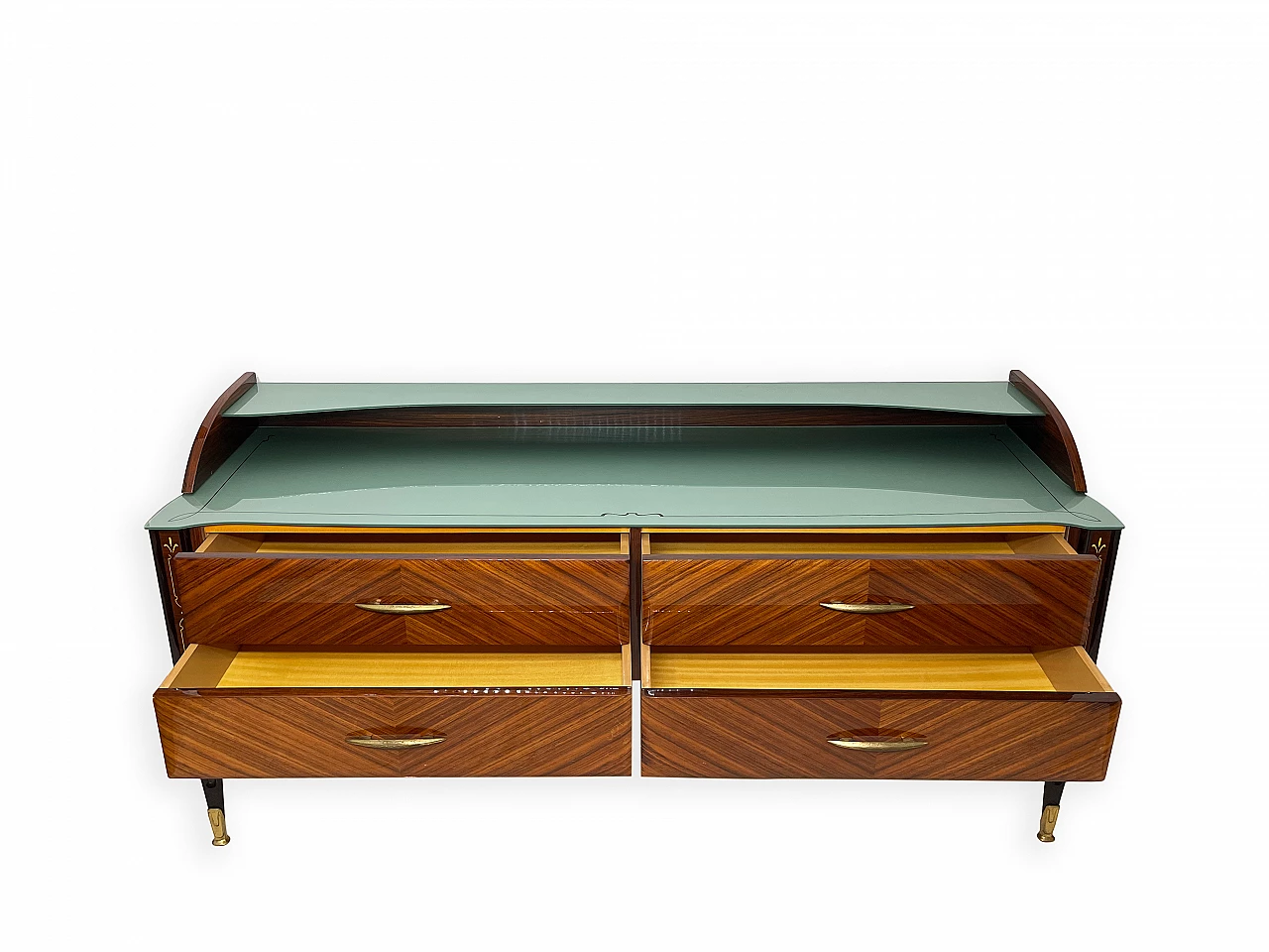Wooden chest of drawers with green glass top, 1960s 5