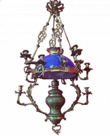 Lampadario in bronzo con diffusore in vetro blu cobalto, '800