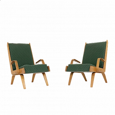 Pair of bent ash and green fabric armchairs, 1950s