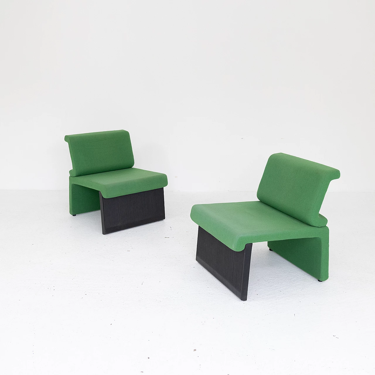 Pair of black plastic and green fabric armchairs, 1980s 1
