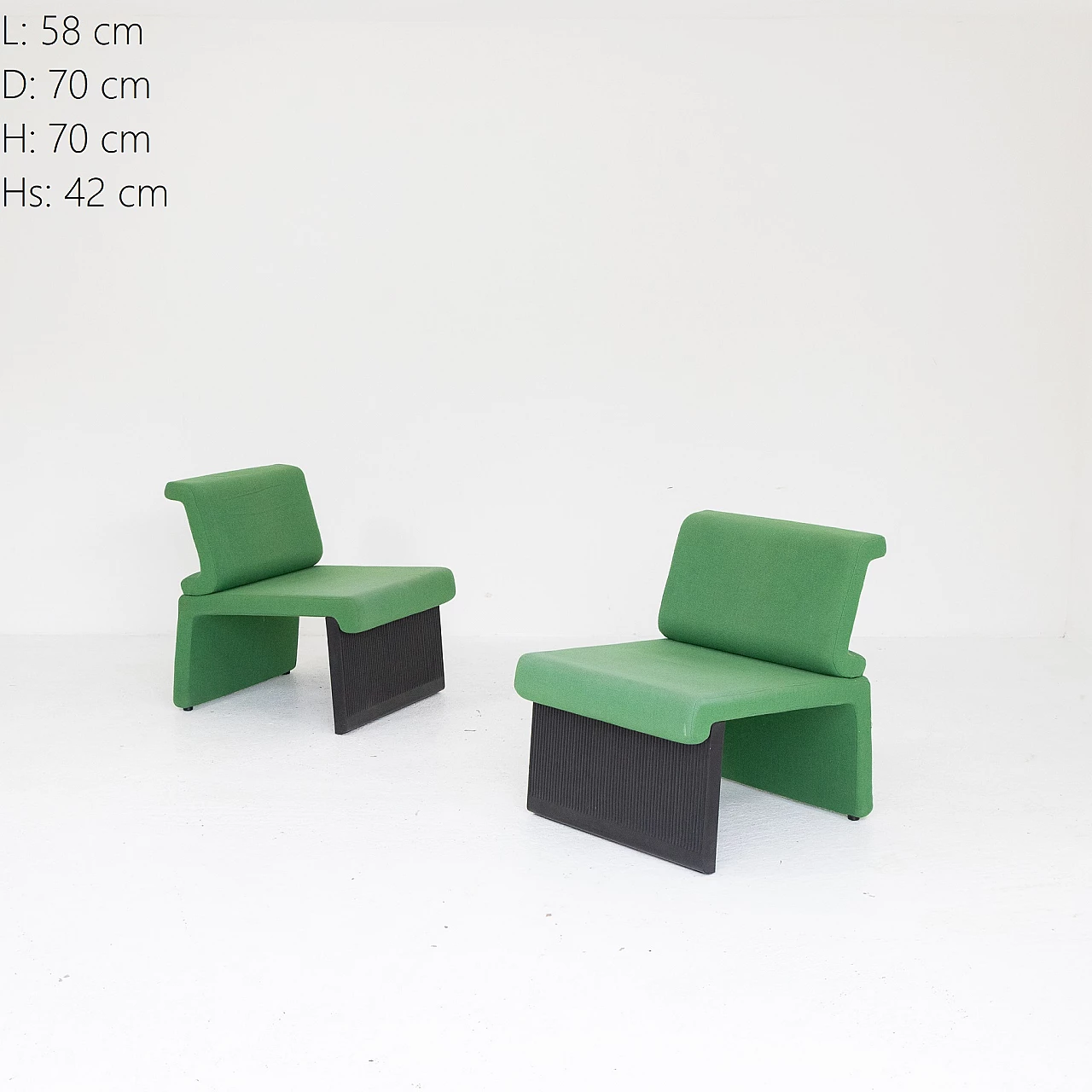 Pair of black plastic and green fabric armchairs, 1980s 9