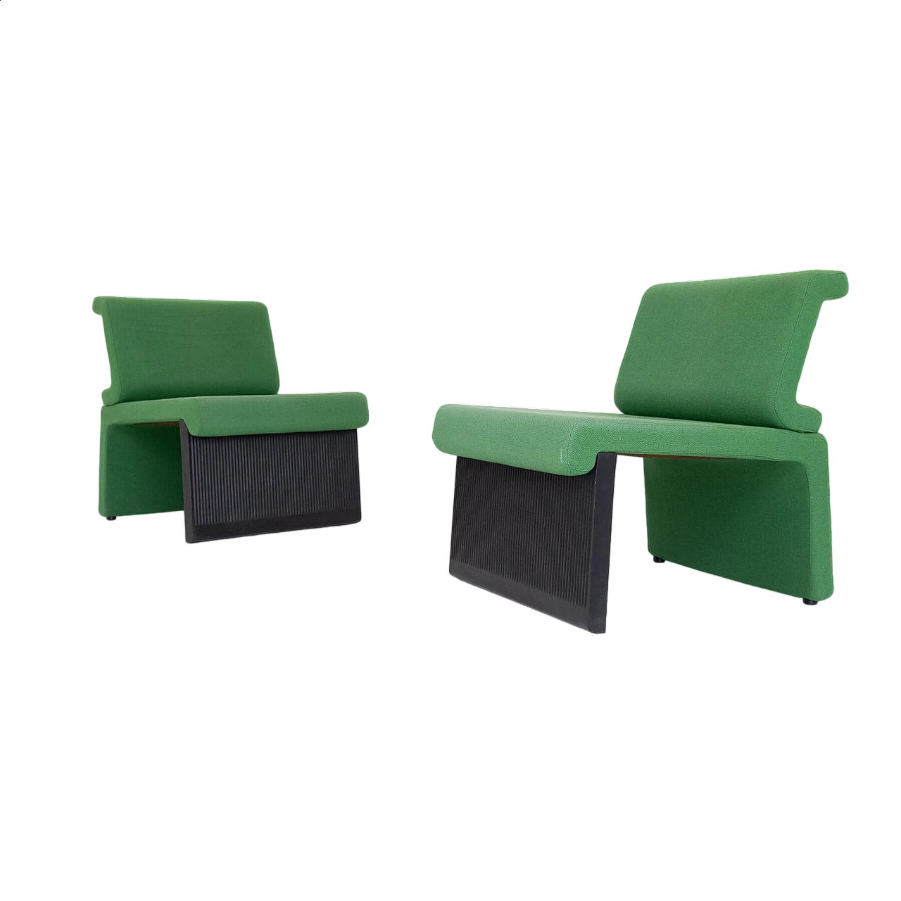 Pair of black plastic and green fabric armchairs, 1980s 10
