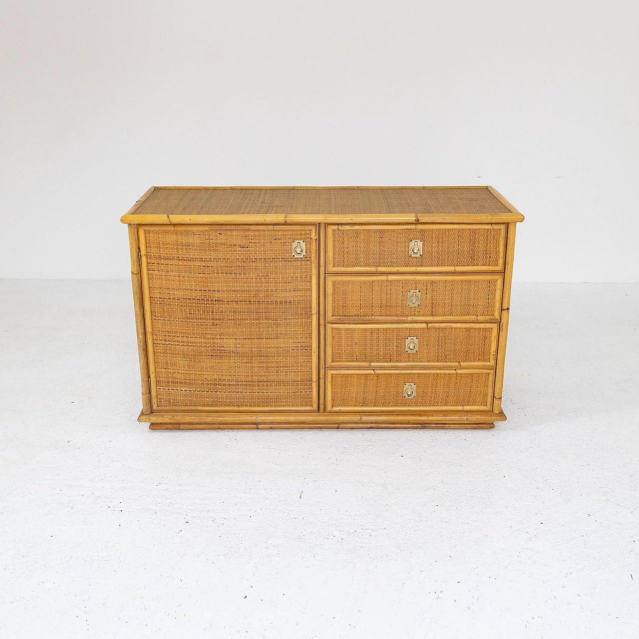 Wicker sideboard with brass handles, 1970s 1