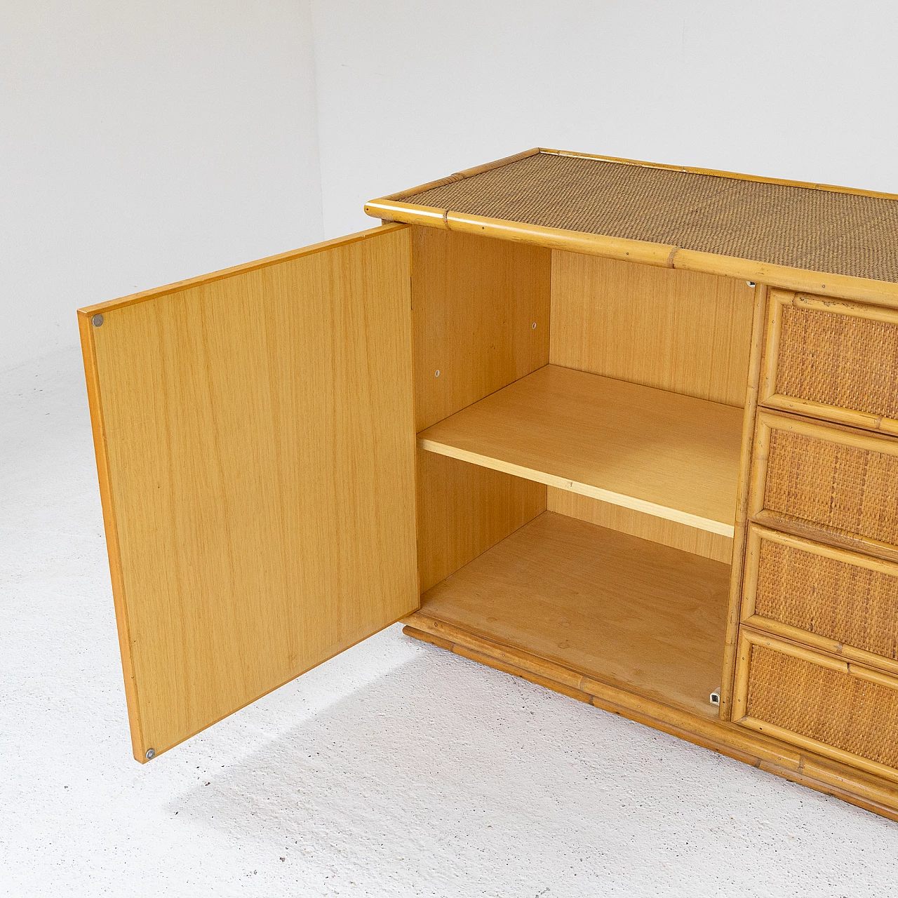 Wicker sideboard with brass handles, 1970s 3