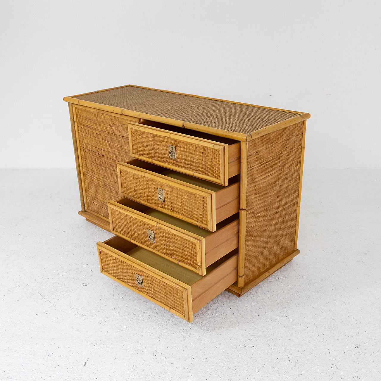 Wicker sideboard with brass handles, 1970s 4