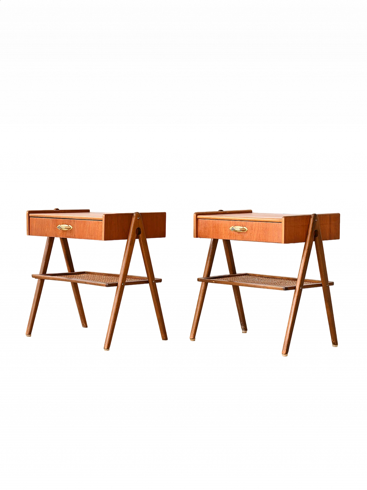 Pair of wooden bedside tables with rattan magazine rack, 1960s 11