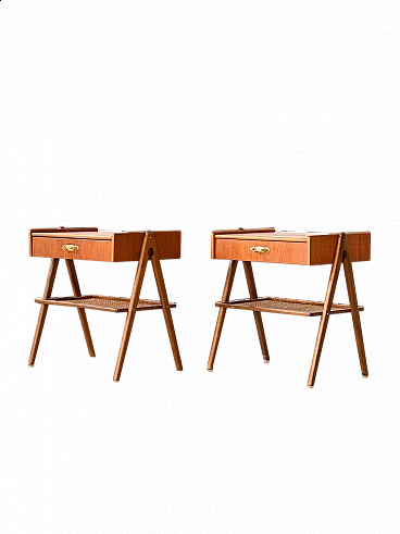 Pair of wooden bedside tables with rattan magazine rack, 1960s