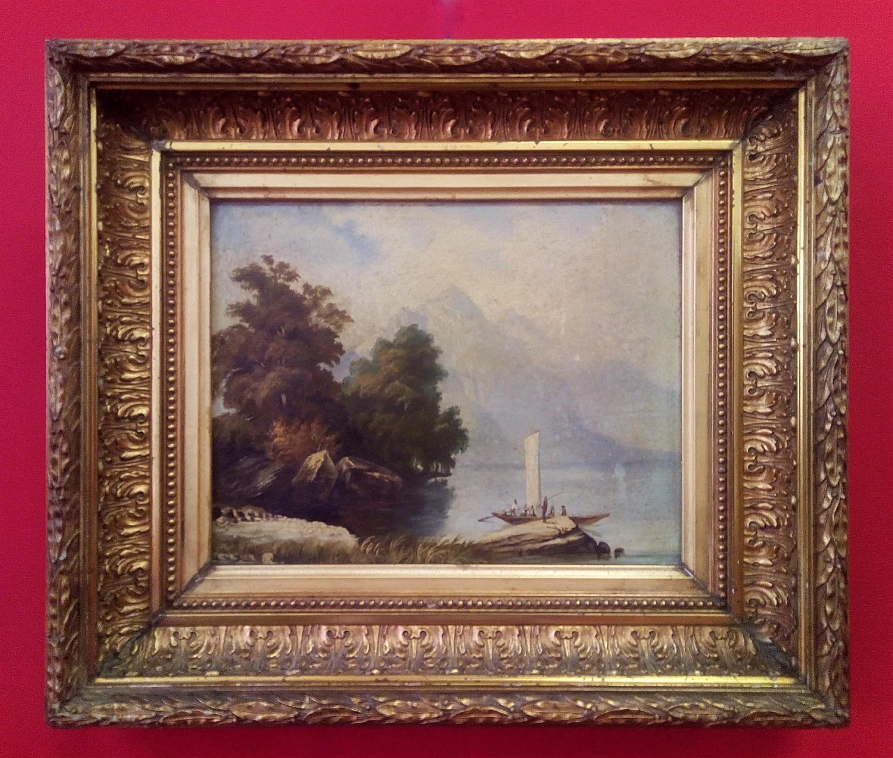 Lake landscape with mountains, oil painting on plywood, 19th century 1