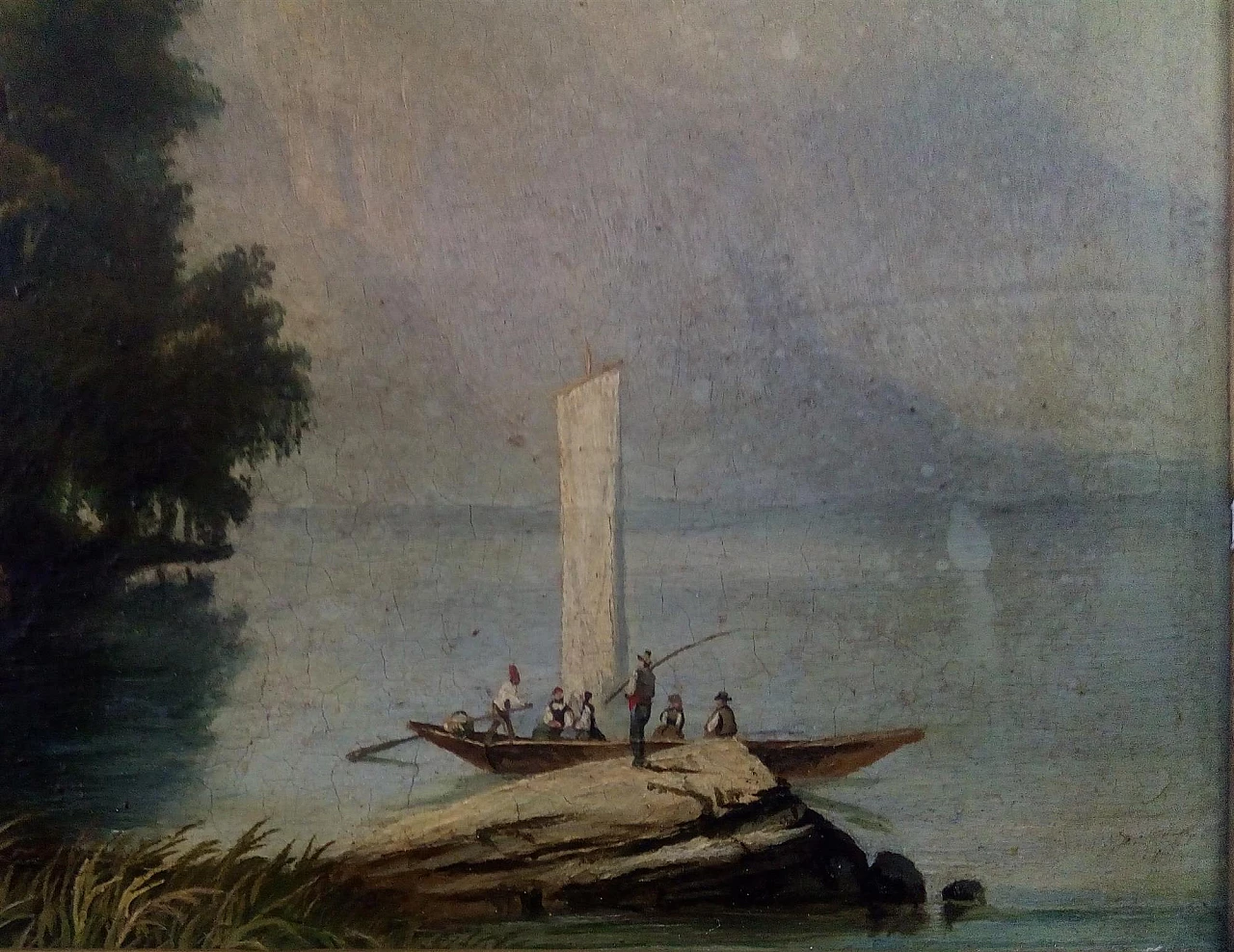 Lake landscape with mountains, oil painting on plywood, 19th century 2