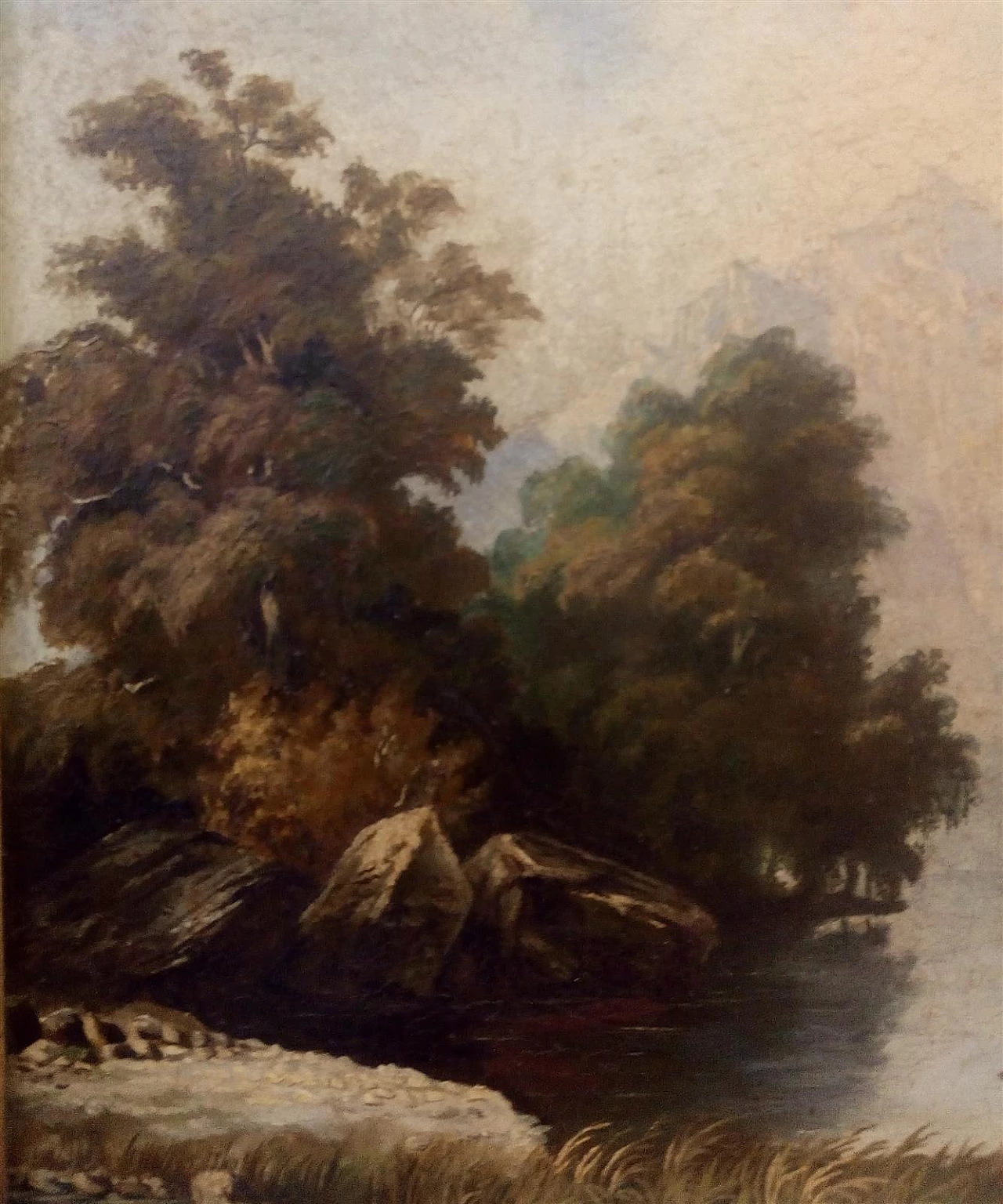 Lake landscape with mountains, oil painting on plywood, 19th century 3