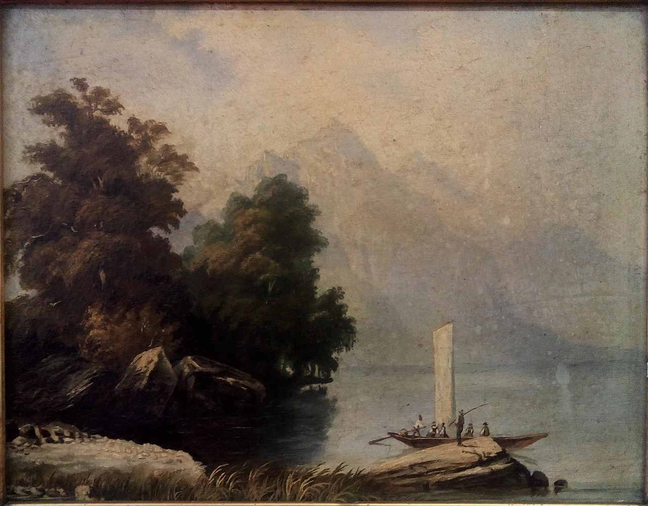 Lake landscape with mountains, oil painting on plywood, 19th century 8