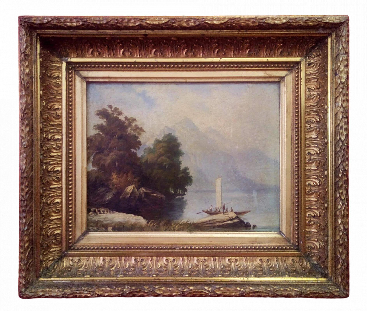Lake landscape with mountains, oil painting on plywood, 19th century 9