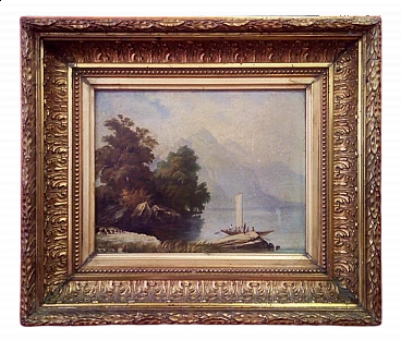 Paesaggio lacustre con montagne, dipinto a olio su compensato, '800