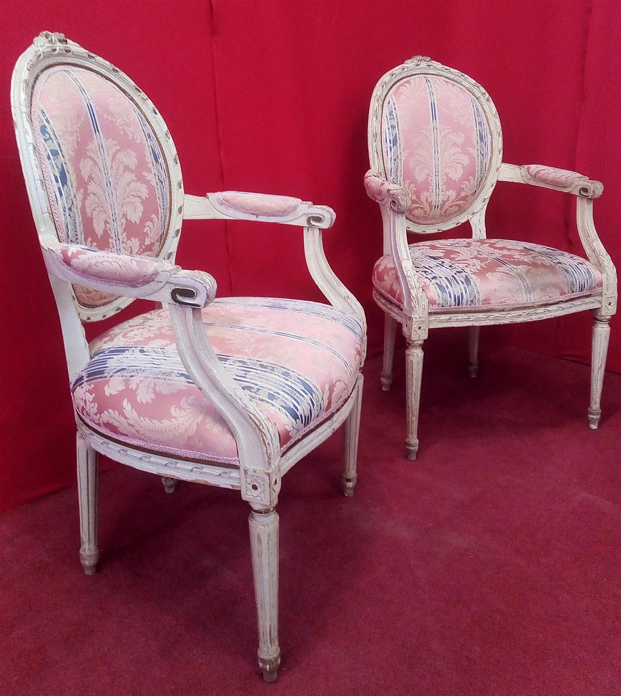 Pair of Louis XVI style white lacquered wood and fabric armchairs 1