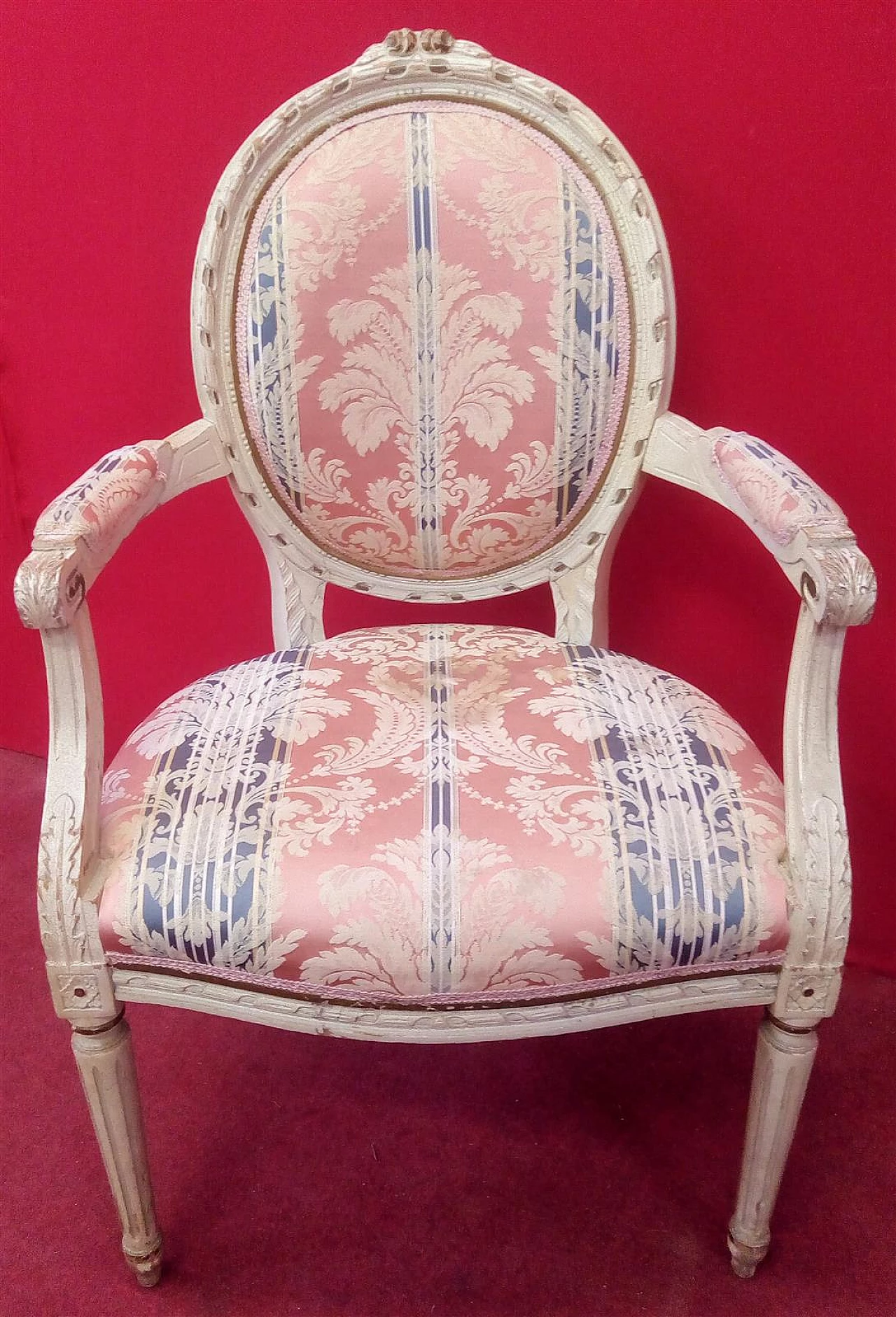 Pair of Louis XVI style white lacquered wood and fabric armchairs 2