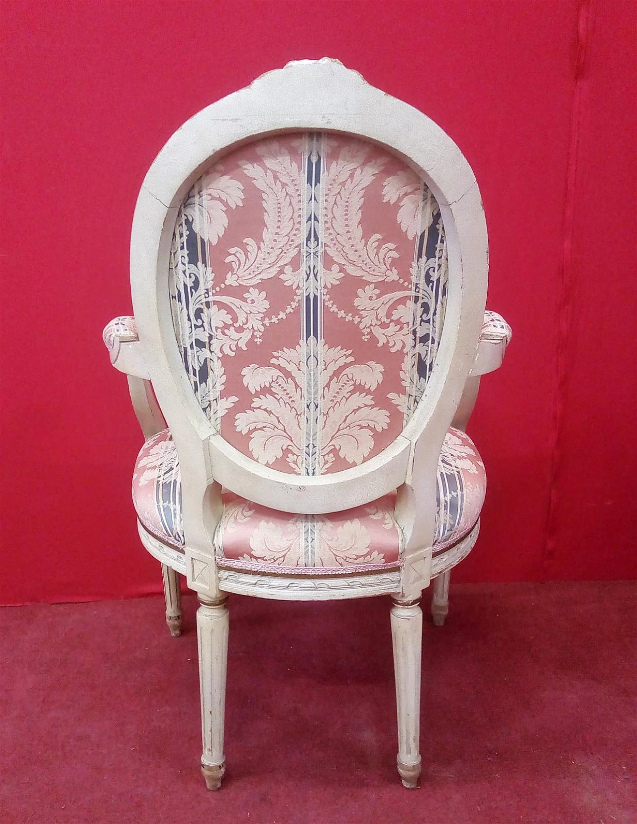 Pair of Louis XVI style white lacquered wood and fabric armchairs 6