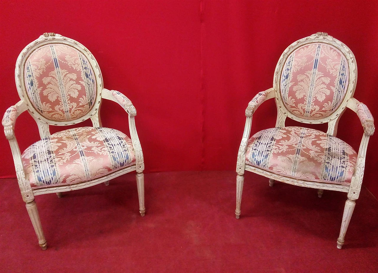 Pair of Louis XVI style white lacquered wood and fabric armchairs 8
