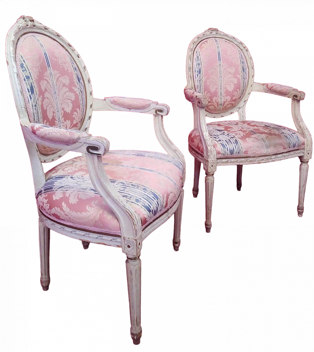 Pair of Louis XVI style white lacquered wood and fabric armchairs 9