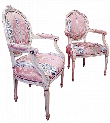 Pair of Louis XVI style white lacquered wood and fabric armchairs