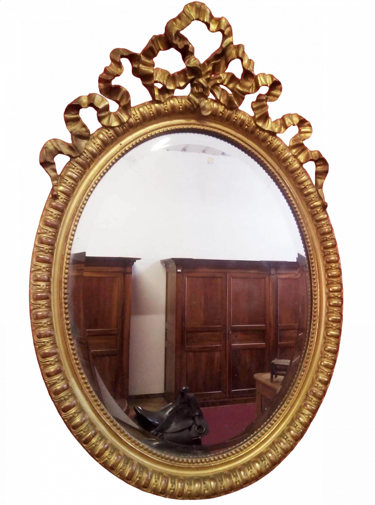 Specchio ovale in legno e gesso dorati con nodo d'amore, metà '800 9