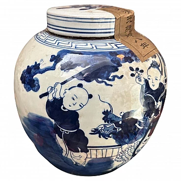 Barattolo da zenzero cinese in ceramica bianca e blu, anni '70