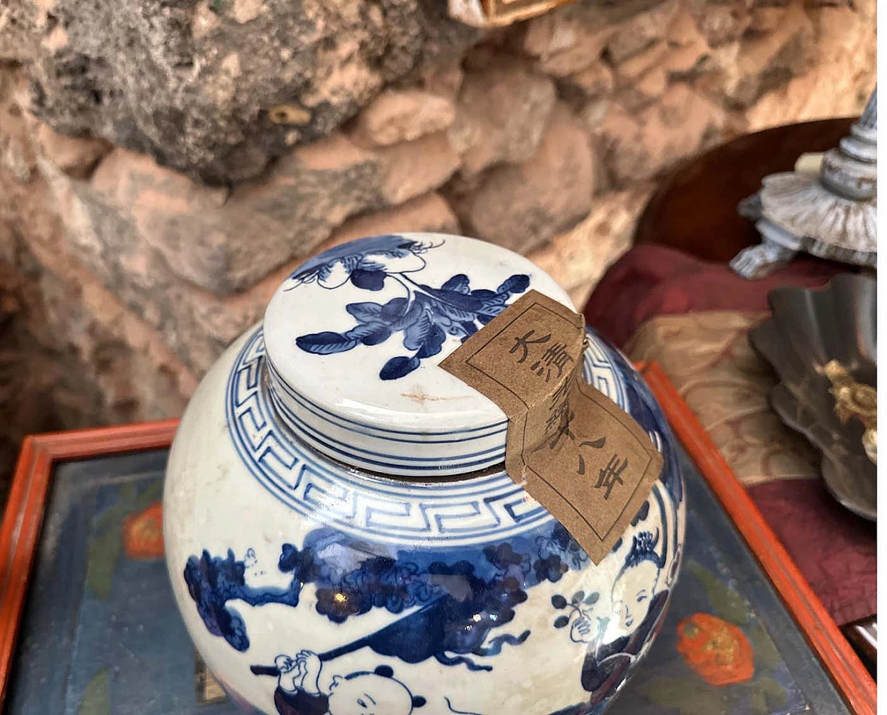 Barattolo da zenzero cinese in ceramica bianca e blu, anni '70 3